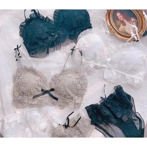 2021 100% Real Photo M L Lovely Cute Lolita Kawaii Sexy Embroidery Lace Seamless Bra Panties Set Underwear Lingerie RB346