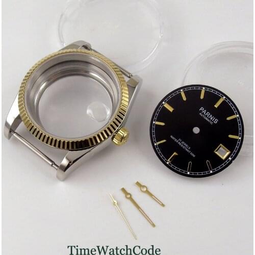 36mm watch case parts fit for Miyota 8215 821A Mingzhu 2813 golden sapphire glass date window coin bezel watch dial hands