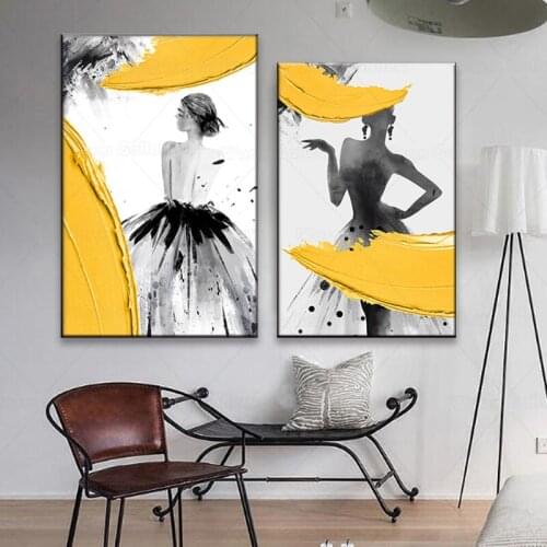 Abstract girls grey Silhouette Canvas Painting posters and print Modern Figure Art Wall yellow Pictures for Living Room Bedroom