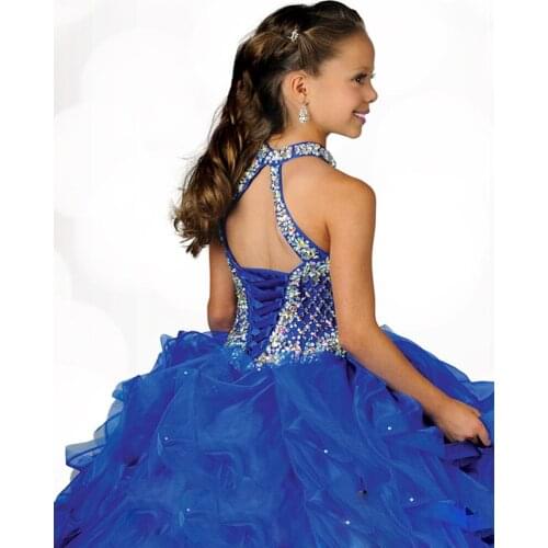 Kids Pageant Dresses Flower Girls Dress Ball Gown Beaded Straps Handmade Pleated Blue Organza Prom Gown for Wedding Party