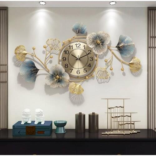 Chinese Luxury Ginkgo Leaf Wrought Iron Wall Clock Artwork Home Livingroom Wall Mural Decoration Hotel Porch Wall Sticker Crafts