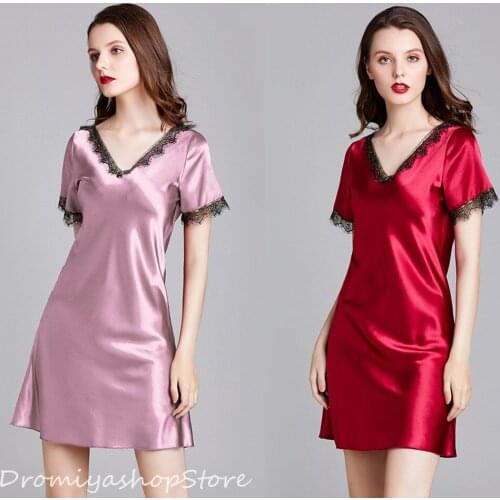 Summer Women Nightgowns Sleepshirts Nightshirts Sleepwear Satin Sexy Short Sleeve Lace Nightdress