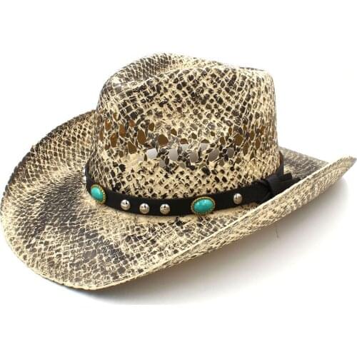 Fashion Women Men Straw Western Cowboy Hat Handmade Weave Lady Dad Sombrero Hombre Cowgirl Jazz Caps Punk Band Size 56-58CM