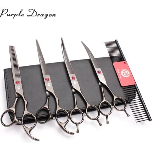 7.0" 440C Purple Dragon Black Comb Grooming Set Cutting Scissors Thinning Shears Up&Down Curved Scissors Pets Scissors Set Z3002