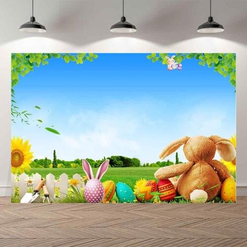 NeoBack Easter Bunny Ears Eggs Spring Green Leaves Blue Sky Party Photography Backgrounds Photocall Photo Banner Backdrops