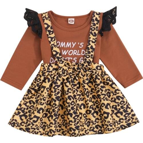 2021 Newest 1-4Y Little Girl’s Autumn Skirt Two Pieces Clothes Set Fashion Letter Long Sleeve Tops and Leopard Suspender Skirt