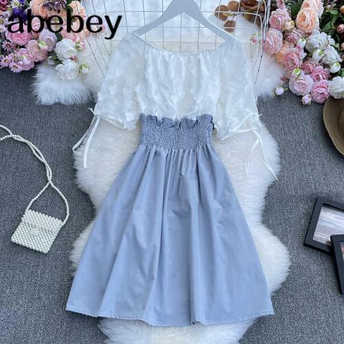 2021 New Summer Sweet fake two piece Slash neck Dress three dimensional flower stitching waist closing slim Dress