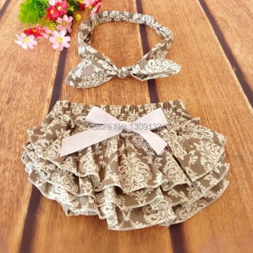 Baby girls clothes grey black red floral print damask baby ruffle bloomer and headband set baby bowknot headband