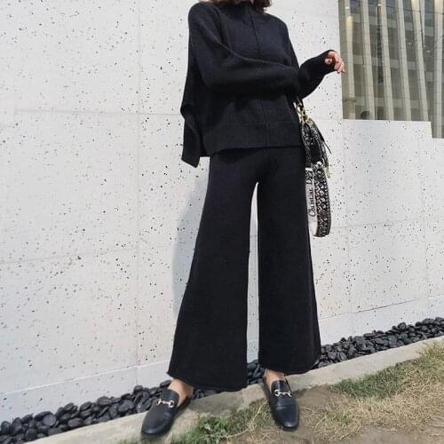 Autumn Winter Half Turtleneck Pullovers Sweater Women Drape Knitting Two Piece Set Wide Leg Cashmere Pants Suit Female Solid
