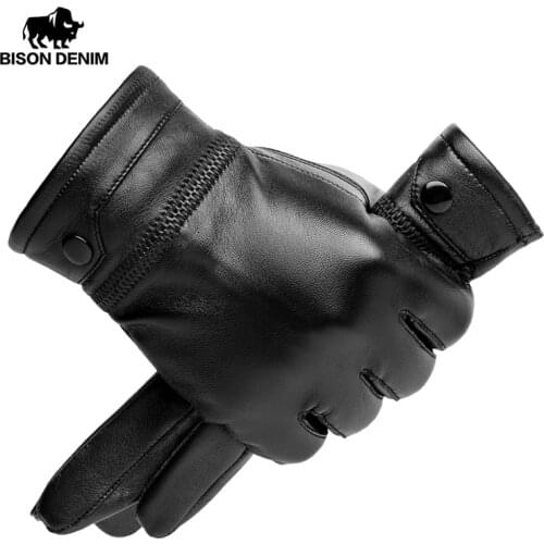 BISON DENIM Men Genuine Sheepskin Leather Gloves Windproof Thermal Warm Touchscreen Glove Winter Warm Mittens S002