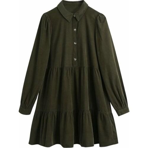 Evfer Women Sprint Autumn Za Fashion Corduroy Green Mini Dresses Female Long Sleeve High Waist Turn-Down Collar Shirt Dress Chic
