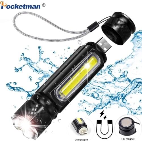 12000 Lumens Built-in Battery Portable Flashlight USB Rechargeable T6 Side COB Torch Zoom 5 Modes LED Light Tail Magnetic Light