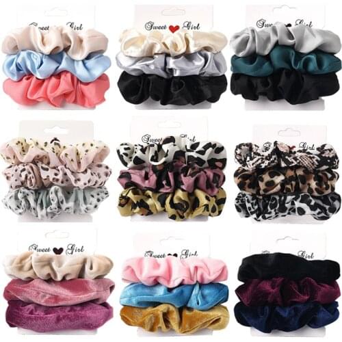 3PCS/1PC Vintage Velvet/Silk Leopard Pure Color Scrunchies Set Elastic Hair Bands Ponytail Holder Fashion Hair Accessories