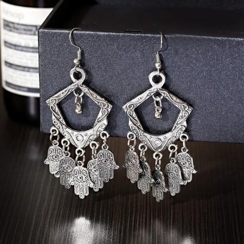 Pendientes Originales Fatima Hamsa Hand Ear Rings For Girl Tassel Ethnic Earrings For Women Indian Unusual Kolczyki Dangle Gifts