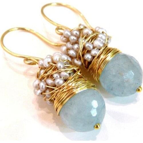 Aquamarine earrings with big faceted aquamarine and silver pearls earrings