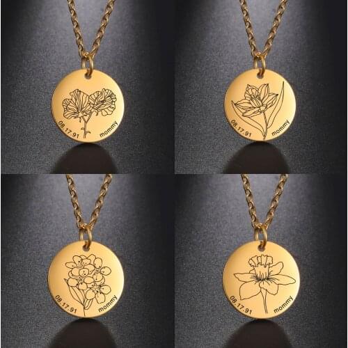 Sipuris Personalized Flower of Birth Necklace Engrave Name Date Year Custom Stainless Steel Jewelry Accessories For Family Gifts