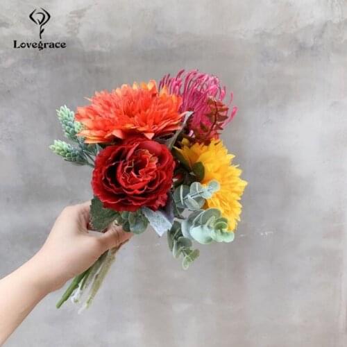 Lovegrace Wedding Bouquet Handmade Unique Design Artificial Silk Peony Flower Red Leucospermum Pompom Sunflower Wedding Bouquet