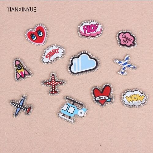 TIANXINYUE 12 kinds/lot Rhinestones Iron On Patches Strass Motifs Cartoon Design Hotfix Crystal Applique For Clothes Crafts