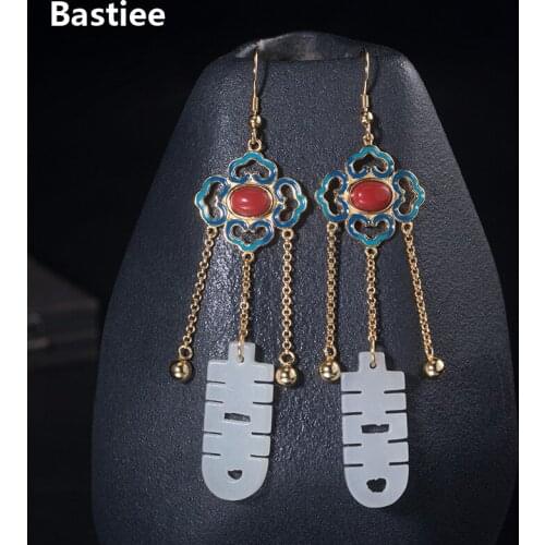 Bastiee Drop Silver Earrings 925 Women Jewelry Jade Red Agate Dangle Earring Chinese Vintage Wedding Cloisonne Enamel Ancient