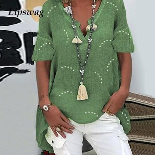 Women Casual Short Sleeve Blouse Shirt Sexy V Neck Elegant Pullover Tops 2021 Summer Retro Dots Print Loose Streetwear Blusa