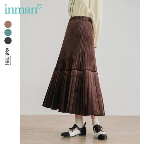 INMAN Womens Pleated Skirt Autumn Winter Vintage Minimalist Elastic Waist Pure Color A-Line Bottoms