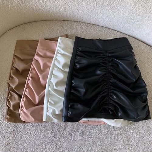 Streetwear PU Leather Pencil Skirts Women High Waist Mini Pleated Skirts Plus Size Black Khaki Sexy Skirt jupe femme