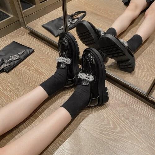 Spring Autumn Round Toe Diamond Shoes Women Medium Solid Square Heel Novelty String Bead Crystals Slip-On Casual Womens Pumps