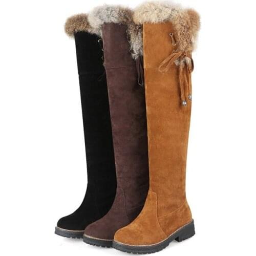 2022 Real Rabbit Fur Trimmed Over-the-Knee High Boots for Women Winter Warm Fleece Plush Lining Tall Long Boots Faux Suede Shoes