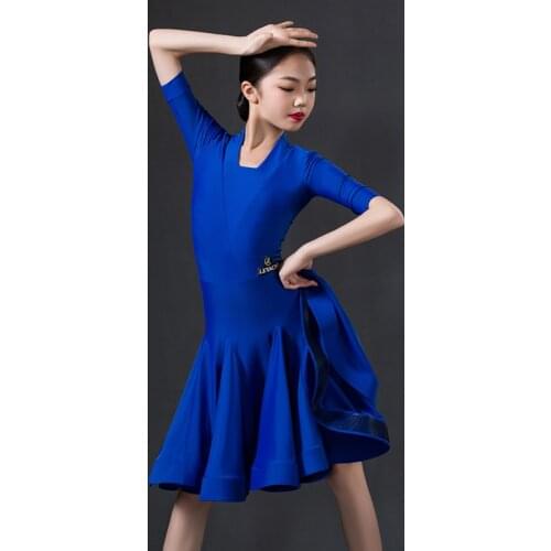 New Latin Dance Dress For Girls Blue Mid-Sleeve Tops Dance Skirts Suit Cha Cha Rumba Samba Tango Latin Dance Costumes DQS5163