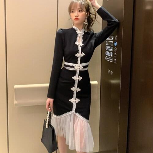 Spring Vintage Cheongsam Mermaid Dresses Mandarin Collar Long Sleeve High-end Women Dress Office Lady Vintage Sexy Party Dress