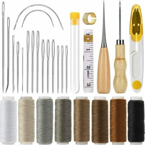 29Pcs Leather Sewing Kit Sewing Stitching Needles Thread Cord Measuring Tape Sewing Thimble DIY Leather Craft
