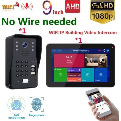 9inch Wireless WIFI 1 Out Door And 1/2/3/4/5/6/8Monitor IP Intercom System 1080P AHD Camera 500 Fingerprint 500 Face Recognition