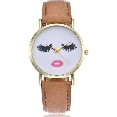 Shellhard Women Eyelashes Leather Strap Watch Casual Jelly Color Lash and Lip Pattern Dial Leather Strap Quartz Wrist Watches