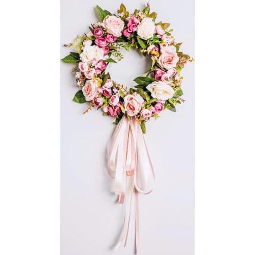 40cm Artificial Wreaths Pink Rose Flowers Round Simulation Garland For Wall Door Window Hanging Decoration