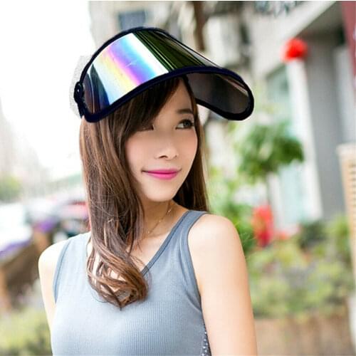 Women Empty Top Sun Visor Hat Rainbow Plastic Panel UV Protection Adjustable Angle Large Wide Brim Motorcycle Beach Cap