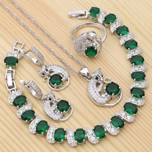 Fox 925 Silver Jewelry Set For Women Wedding accessories Green Cubic Zirconia Ring Bracelet Pendant Earrings Necklace Set