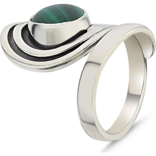 KUTAYDAN Malachite Stone Hand Job Adjustable Tall Ring 925 Sterling Silver