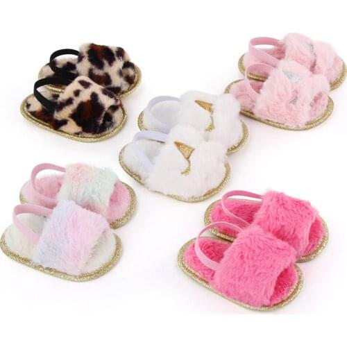 Fashion Kids Girls Boys Fur Sandals Shoes Tie-Dye Leopard Printed Flat With Soft Shoes 5 Colors
