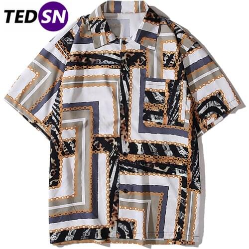 2020 Summer Hawaii Beach Shirts Men Oversized Harajuku Color Block Chain Print Short Sleeve Streetwear Casual Shirt