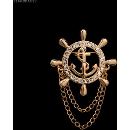 Golden Rudder Anchor Brooch Mens Suit Boutonniere Badge Korean Brooches for Men Lapel Pin Women Broches Chain Christmas Gift