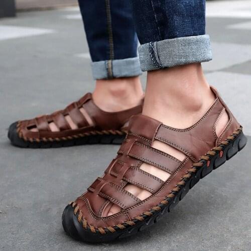Man Sandals Classic Roman Cowhide Summer Sandals Outdoor Beach Shoes Genuine Leather Mens Walking Shoe Male Sneakers Breathable