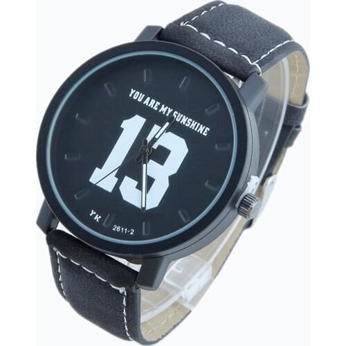 TOP NEW Pu Leather Men Motivational Big 13 14 numbers Dial watch analog quartz wristwatches sport boy gentelman man unisex