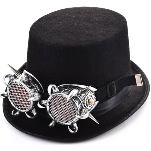 Steampunk Goggles Hat Rivets Goggle Glasses Black Hats Punk Style Fedora Headwear Gothic Lolita Cosplay Hat Accessories Costumes