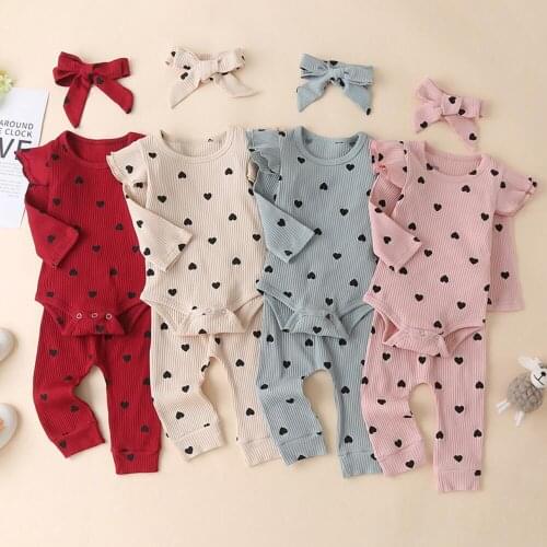 Toddler Baby Girls Minnie Clothes Set Full Sleeve Ruffles Romper Bodysuit+Pants Leggings +Headband Infant Ribbed Knitted Outfits