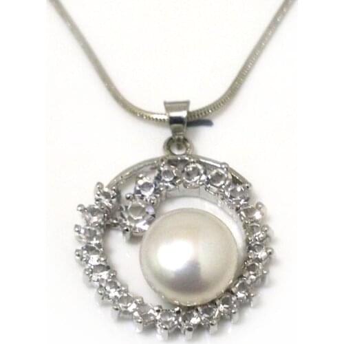 18 inches 20mmx30mmm Zirconia Circle Style 11-12mm Natural White Button Freshwater Pearl 925 Sterling Silver Charm Necklace