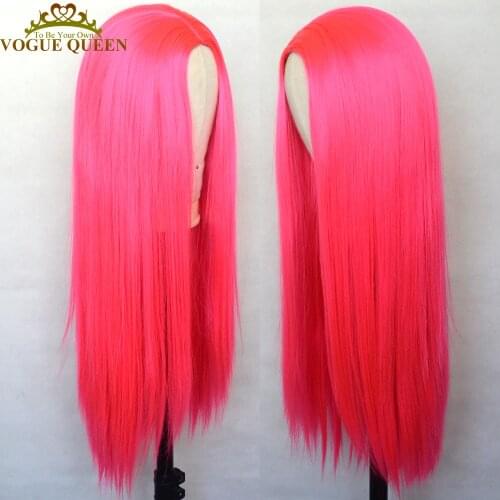 Vogue Queen Hot Pink Synthetic Long Straight Full Machine Made Wig Heat Resistant Fiber Middle Part Cosplay Wig For Women