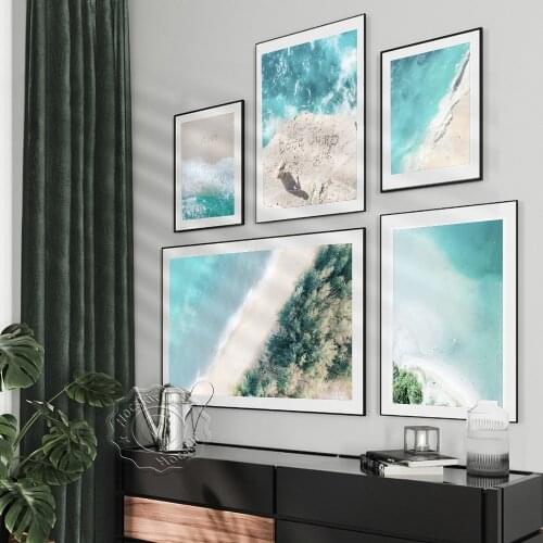Sea Sandbeach Seaside Green Plant Art Poster, Sea Surface Wave Scenery Landscape Prints, Modern Simple Fresh Home Decor Mural