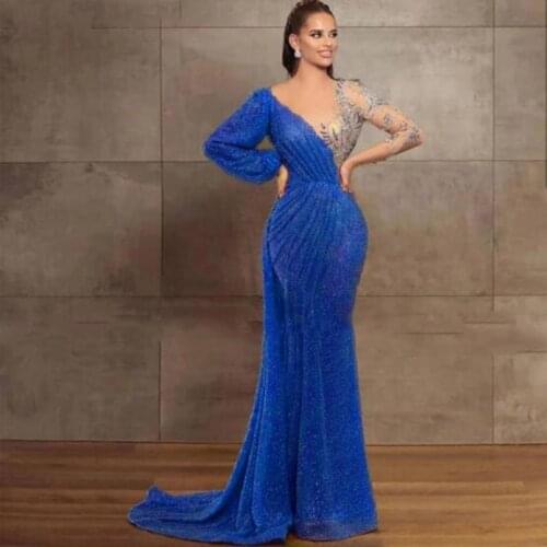 Stunning Beads Long Sleeves Prom Dresses Mermaid Pleat Royal Blue Elegant Sequins Formal Evening Dress Crystals robe de soiree