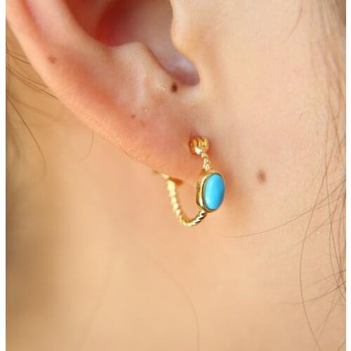 Fashion 100% 925 Sterling Silver delicate turquoises stone Minimal anti allergy clip on studs girs gold color stone earring