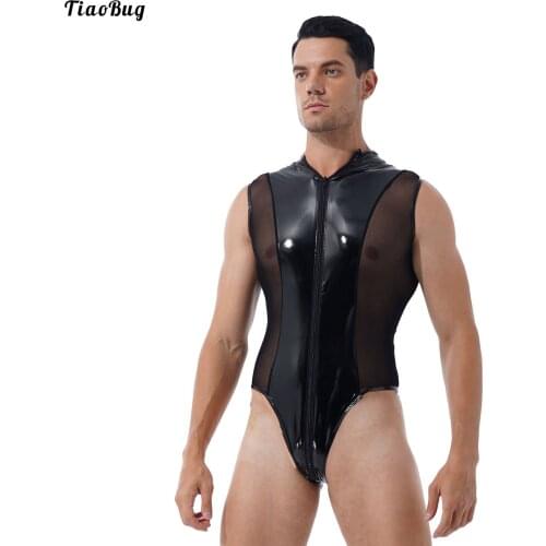 TiaoBug Summer Men Shiny Metallic Patent Leather Sheer Mesh Splice Swimming Bodysuit Sleeveless Zipper High Cut Thong Leotard